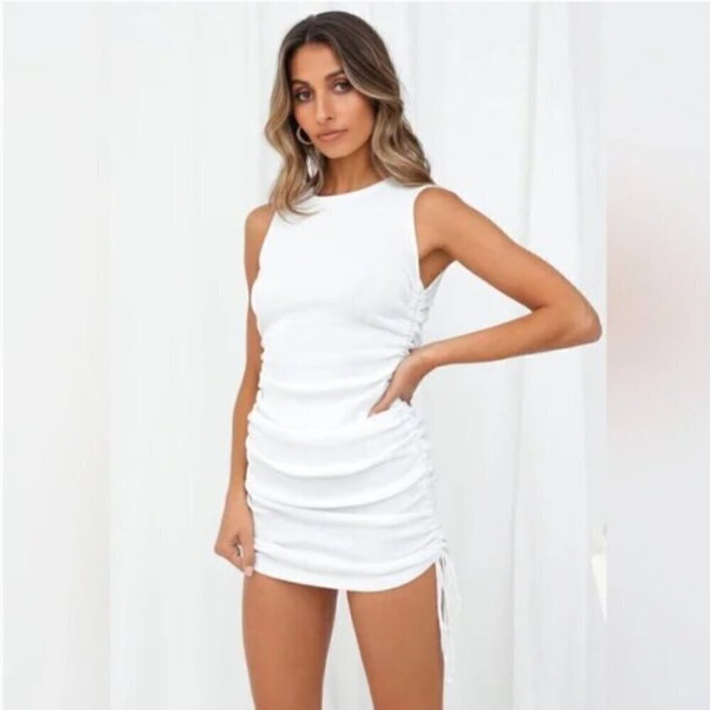 LIONESS Military Minds Mini White Ribbed Rushed Mini Dress Size XXS - Picture 2 of 8